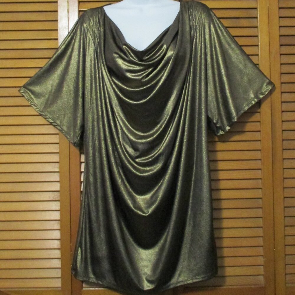 NY Collection top shimmery gold w/black undertones cowl neck stretchy size L/XL